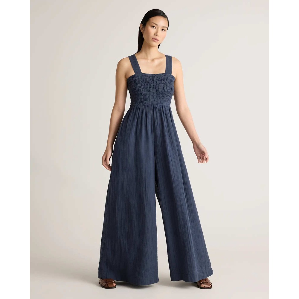Quince Organic Cotton gauze smocked wide leg jumpsuit NWT indigo blue size Small